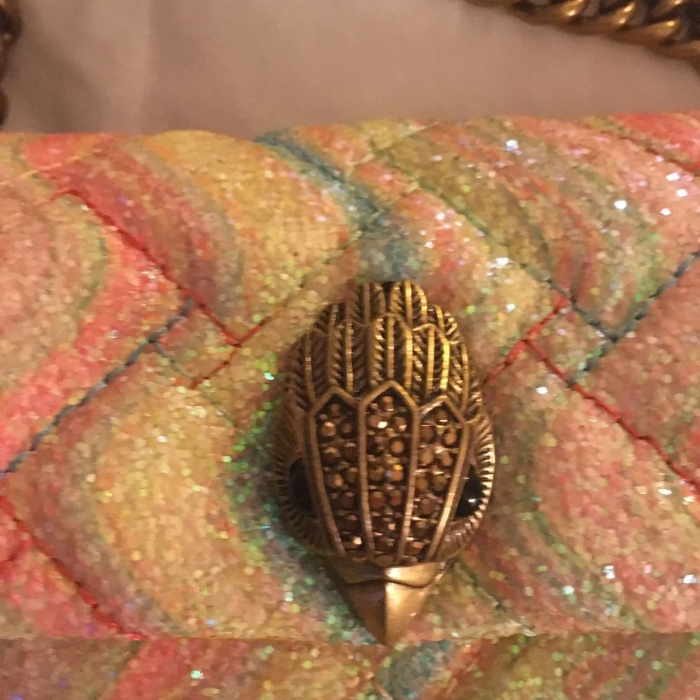 Kurt Geiger Pastel Rainbow Glitter Quilted Crossbody with Brass Chain